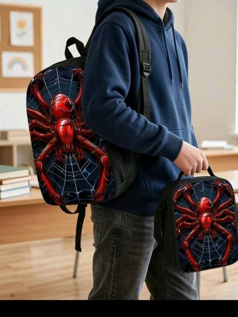Kids 3-Piece Red Spider Backpack Set - School Bag, Lunch Bag & Pencil Case